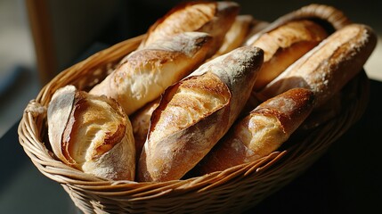 Freshly baked baguettes in a wicker basket (1)