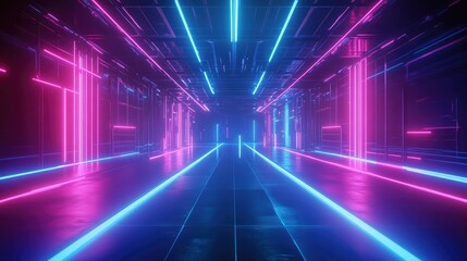 Futuristic Neon Corridor with Vibrant Blue and Pink Lights Creating a Dynamic Atmosphere for Technology and Science Fiction Concepts and Themes