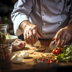 Close-up of a chefs hands preparing food. 