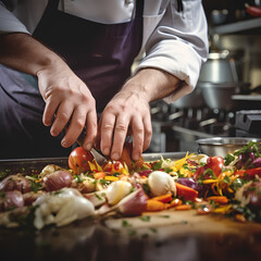Close-up of a chefs hands preparing food. 