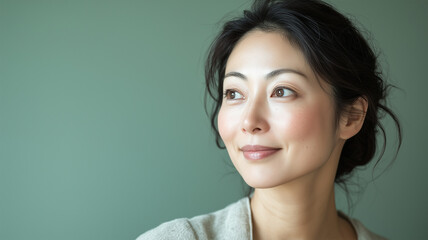 グリーン背景で笑顔を見せるうつむき加減の日本人女性