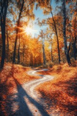 Fototapeta premium Autumn Forest Path with Forked Road: A Symbolic Journey Through Golden Foliage