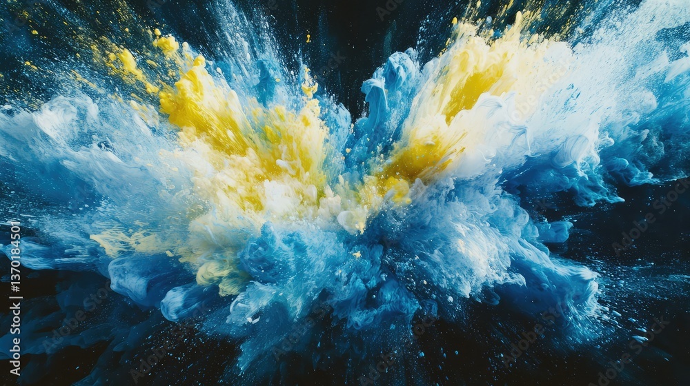 Poster vibrant abstract explosion of blue and yellow splashes creating a stunning visual display against a 