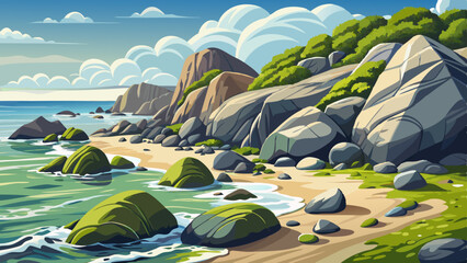 Massive Coastal boulders with calm ocean waves nearby, Highly detailed vector illustration