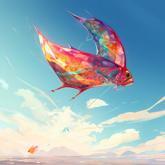 Colorful kite flying against a clear sky. 