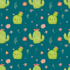Seamless pattern with cute cactuses on green background.