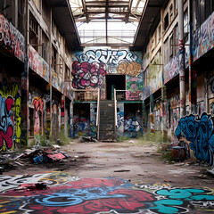 Graffiti-covered abandoned factory.