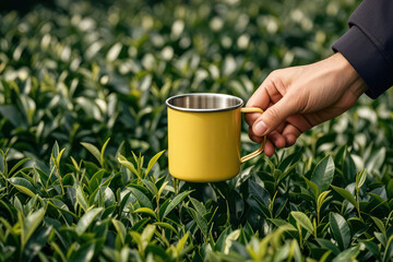 Obraz premium Holding Yellow Mug in Tea Plantation Fresh Green Tea Leaves. Mug Mockup