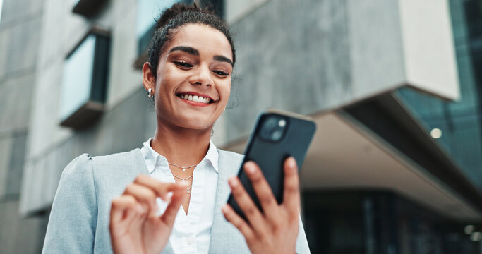 Business woman, phone and happy in city for travel with real estate, internet or connection. Entrepreneur online for social media networking, listing property on app or text realtor contact outdoor