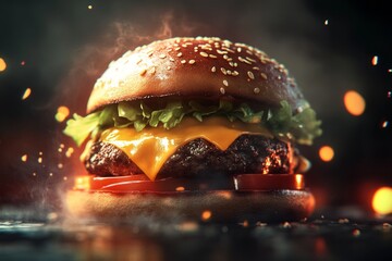 Hot and smoky cheeseburger with grilled beef patty, melted cheddar cheese, fresh lettuce, and tomato slices in a sesame seed bun surrounded by flames and glowing embers.