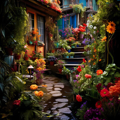 Urban garden with vibrant flowers.