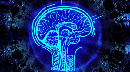 Fototapeta premium Glowing Blue Human Brain Anatomy Abstract Digital Art