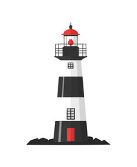 Black and white lighthouse icon set with red accents, flat style, vector.