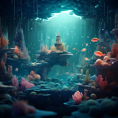 Surreal underwater scene with floating objects. 