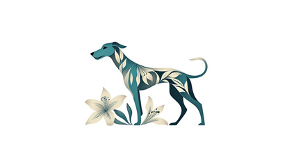 Elegant Teal Dog with Lilies Artistic Canine Illustration