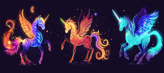 Mystical unicorns with wings under starry night sky, flat icons set, vector.