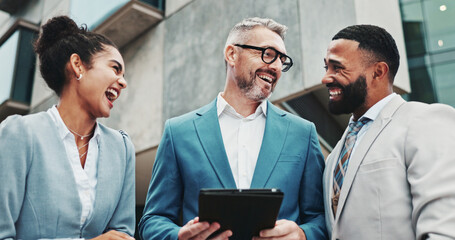 Collaboration, employees and people with tablet, outdoor and real estate agent with tech for...