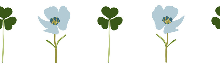 Leaves and flower border on a white background. Hand-drawn illustration. Perfect for spring and summer.	