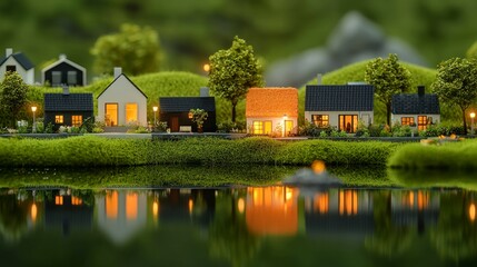 Obraz premium Idyllic Miniature Village Scene at Night Charming Houses Reflecting on Calm Water