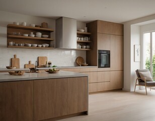 Fototapeta premium Modern minimalist kitchen with sleek cabinetry, marble countertops, and stainless steel appliances, featuring natural light streaming through large windows, showcasing open shelving with stylish decor