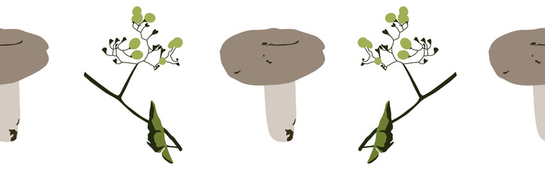  Green leaves and mushrooms border on a white background. Hand-drawn illustration. Perfect for spring and summer.