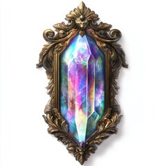 Ornate golden frame holds iridescent gemstone
