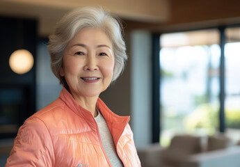 A senior woman of Asian descent stands confidently with a smile, dressed in a light orange jacket. The modern interior around her is filled with natural light and stylish furnishings