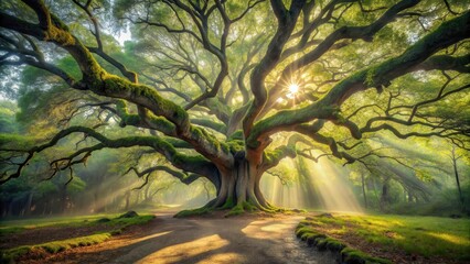 Naklejka premium Majestic ancient tree with sunlight rays filtering through its branches, creating a magical forest path