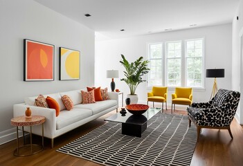A living room filled with furniture and a large window.