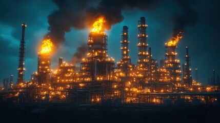 Fototapeta premium Nighttime view of an illuminated oil refinery with fiery flares against a dark, smoky sky. A powerful image of industrial energy production.