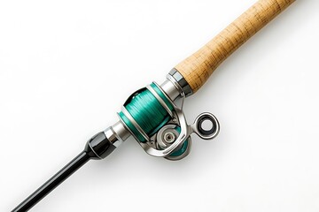 Fishing rod with reel and green line on white background for angling and outdoor recreation