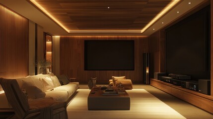 Fototapeta premium Modern home theater room, warm lighting, cozy interior