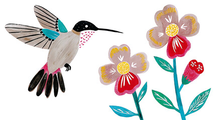 A vibrant hummingbird delicately feeding on bright, whimsical flowers in a playful, folk-art style with bold colors and graphic lines.
