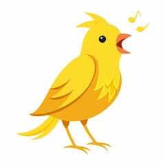A cartoon yellow bird with an open beak sings with two musical notes above its head