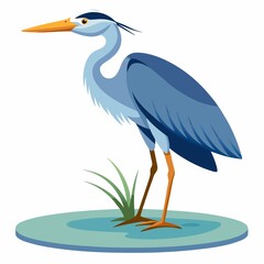 Illustration of a blue heron standing in water with grass on a light blue circular base