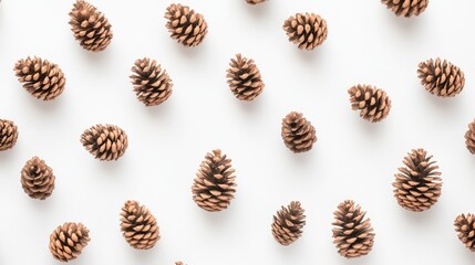 Pine cones arranged on white background.  Flat lay.  Ideal for holiday design