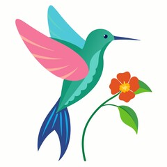 A cartoon hummingbird with pink and blue wings next to a red flower on a white background