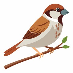 A cartoon sparrow with brown and white feathers perched on a branch with green leaves