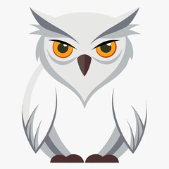 A cartoon illustration of a white owl with piercing orange eyes and a brown beak on white