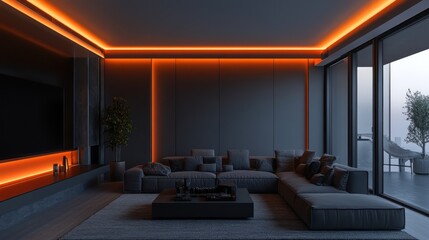 Fototapeta premium Modern living room with orange accent lighting, city view