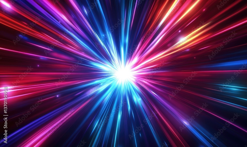 Poster dynamic abstract neon blue and pink light streaks converging to a bright center creating a tunnel ef