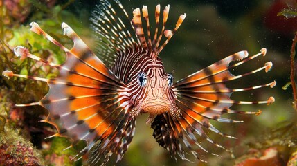 Colorful Lionfish Swimming Among Coral Reef in Vibrant Ocean Habitat