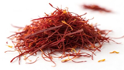 Fototapeta premium Dry saffron flower on a white background, an aromatic and exotic spice ingredient for tea and seasoning