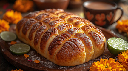 Freshly baked bread with flowers and beverage on a rustic table setting