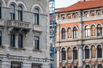 Details of historic architecture in the center of Trieste, showcasing ornate facades and classical...