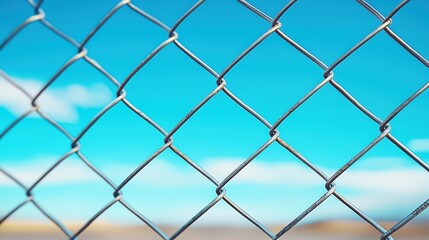 Fototapeta premium A close-up of a chain-link fence against a bright, blue sky, showcasing the structure's intricate design and openness.