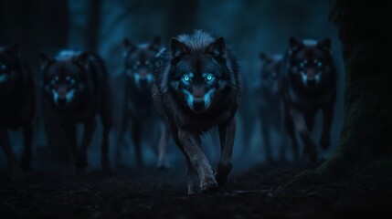 A pack of wolves with glowing eyes stalks through a dark forest.