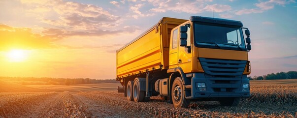 A vibrant yellow truck parked in a field during sunset, emphasizing transportation and landscape in a serene rural setting.