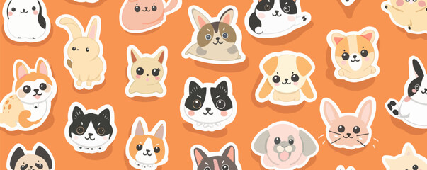 Cute pet faces pattern with cats and dogs, bunny, hamster - flat icons set - vector.