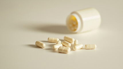 Pill bottle spills white capsules on clean surface in a well-lit area